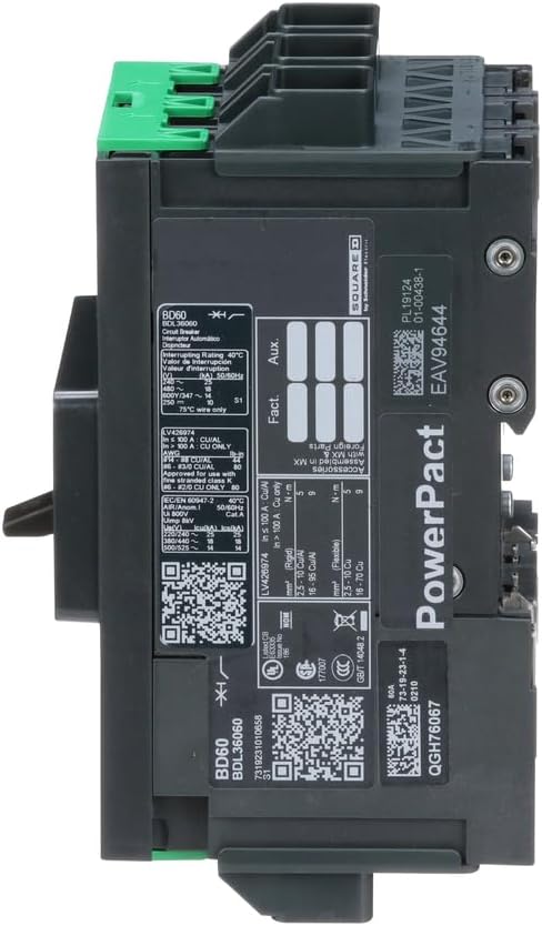 Square D by Schneider Electric BDL36060 PowerPacT B Circuit Breaker with Thermal-Magnetic Trip Unit Technology and Back Pan or DIN Rail Mounting, 60 Amp, 3 Pole