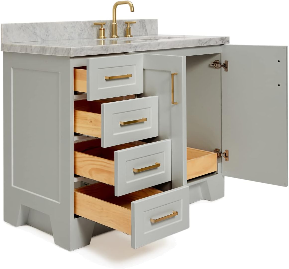 ARIEL Taylor 42-inch Bathroom Vanity with Sink,Solid Wood, 1.5-inch Italian Carrara Marble Countertop & Backsplash, Single Rectangular Porcelain Sink, 2 Soft Closing Doors, 5 Dovetail Drawers, Grey