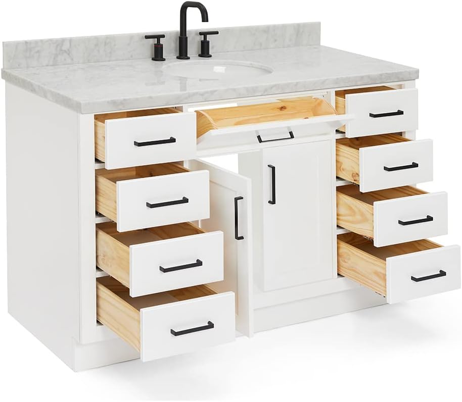 ARIEL Hepburn 54-inch Bathroom Vanity with Sink,Solid Wood, 1.5-inch Italian Carrara Marble Countertop & Backsplash, Single Oval Porcelain Sink, 2 Soft Closing Doors, 9 Dovetail Drawers, White