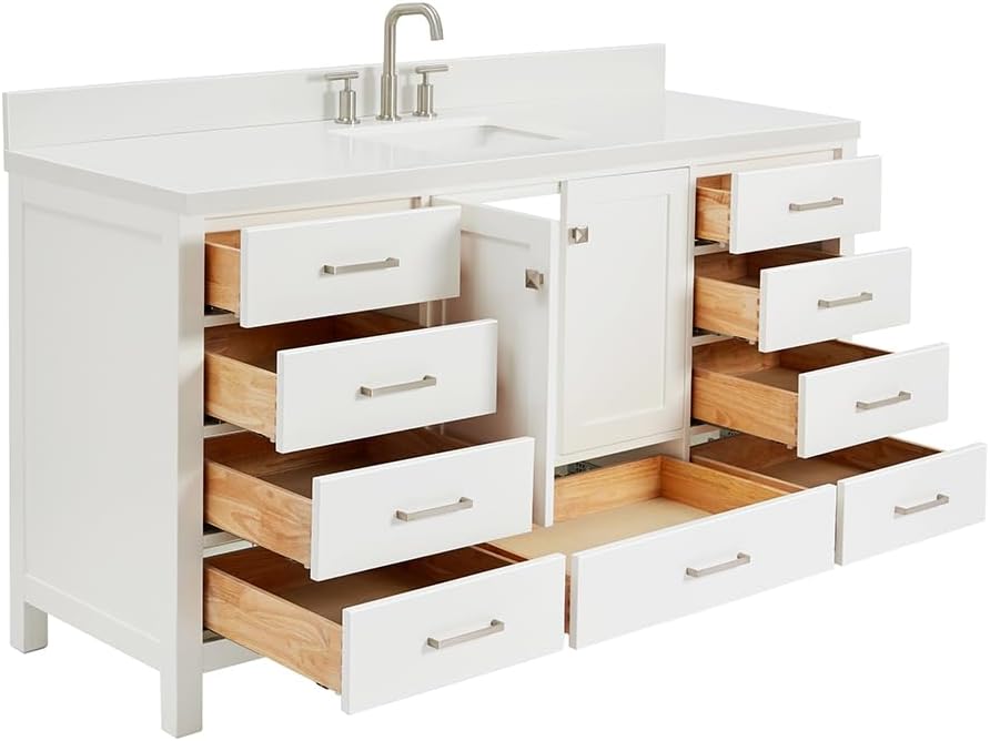 ARIEL Cambridge 66-inch Bathroom Vanity with Sink,Solid Wood, 1.5-inch Pure White Quartz Countertop & Backsplash, Single Rectangular Porcelain Sink, 2 Soft Closing Doors, 9 Dovetail Drawers, White
