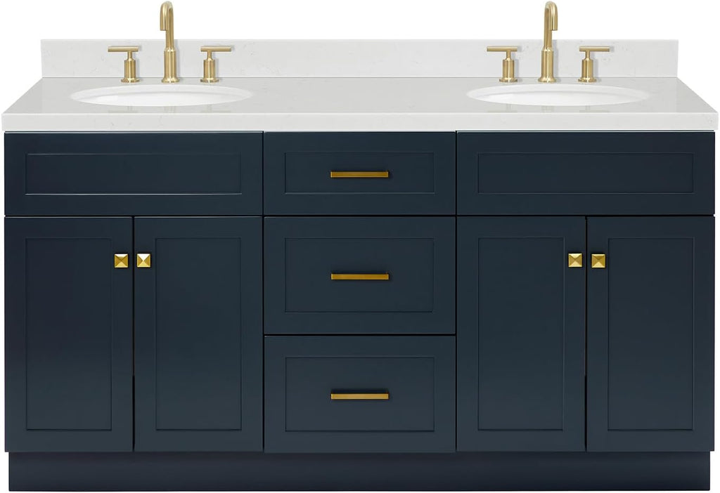 ARIEL Hamlet 66-inch Bathroom Vanity with Sink,Solid Wood, 1.5-inch Carrara White Quartz Countertop & Backsplash, Double Oval Porcelain Sink, 4 Soft Closing Doors, 3 Dovetail Drawers, Midnight Blue