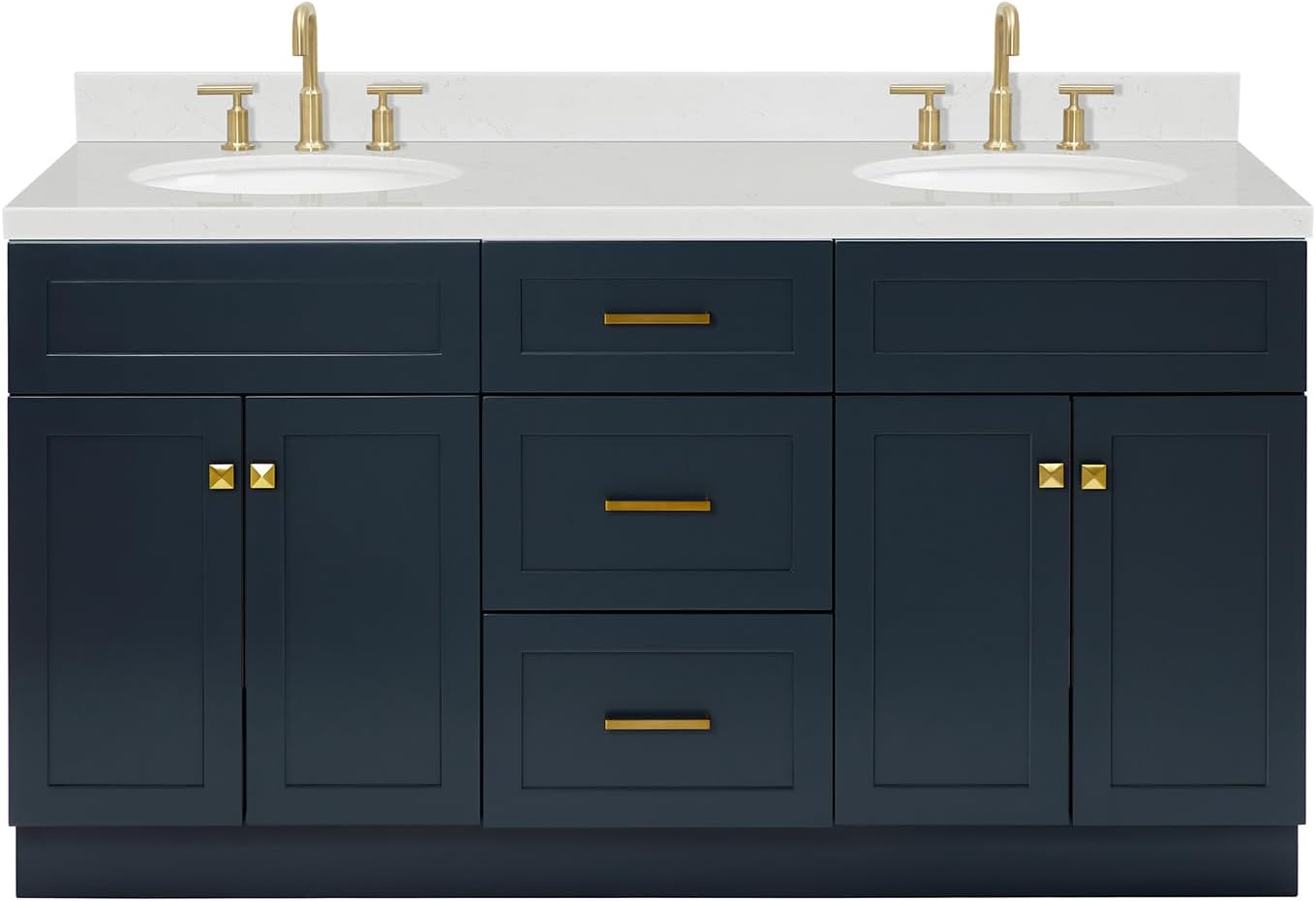 ARIEL Hamlet 66-inch Bathroom Vanity with Sink,Solid Wood, 1.5-inch Carrara White Quartz Countertop & Backsplash, Double Oval Porcelain Sink, 4 Soft Closing Doors, 3 Dovetail Drawers, Midnight Blue