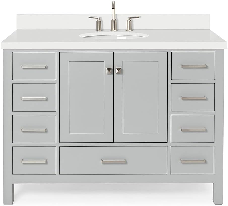 ARIEL Cambridge 48-inch Bathroom Vanity with Sink,Solid Wood, 1.5-inch Pure White Quartz Countertop & Backsplash, Single Oval Porcelain Sink, 2 Soft Closing Doors, 9 Dovetail Drawers, Grey