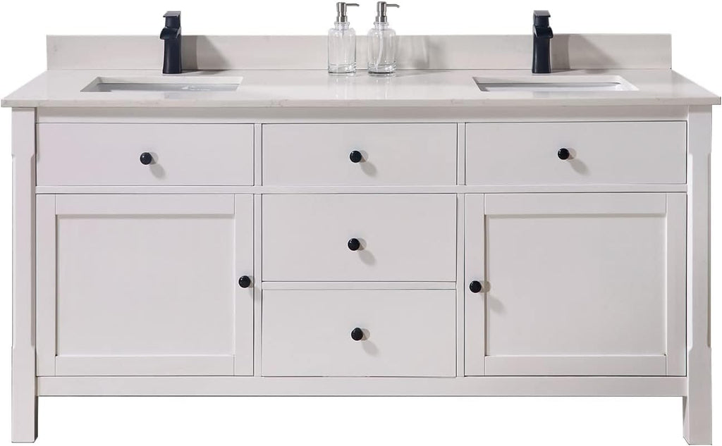 Pemberly Row Modern 73' Composite Stone Double Vanity Top, White Finish, Fits 72' W x 21' D Vanity Cabinet, Includes 2 Undermount Ceramic Basins, Pre-Drilled Faucet Holes, Matching 4' Backsplash