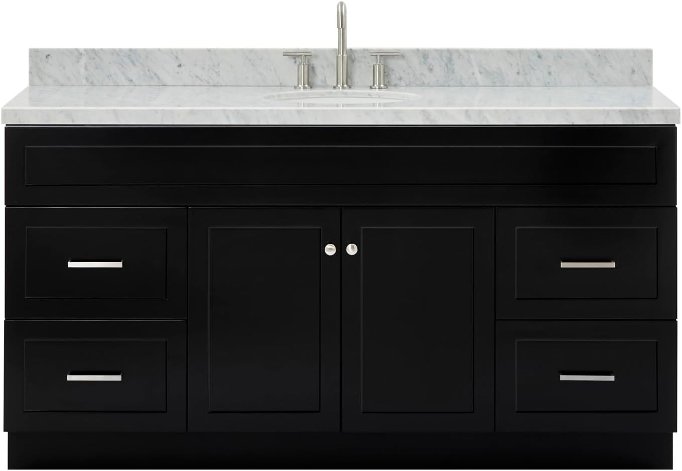 ARIEL Hamlet 66-inch Bathroom Vanity with Sink,Solid Wood, 1.5-inch Italian Carrara Marble Countertop & Backsplash, Single Oval Porcelain Sink, 2 Soft Closing Doors, 4 Dovetail Drawers, Black