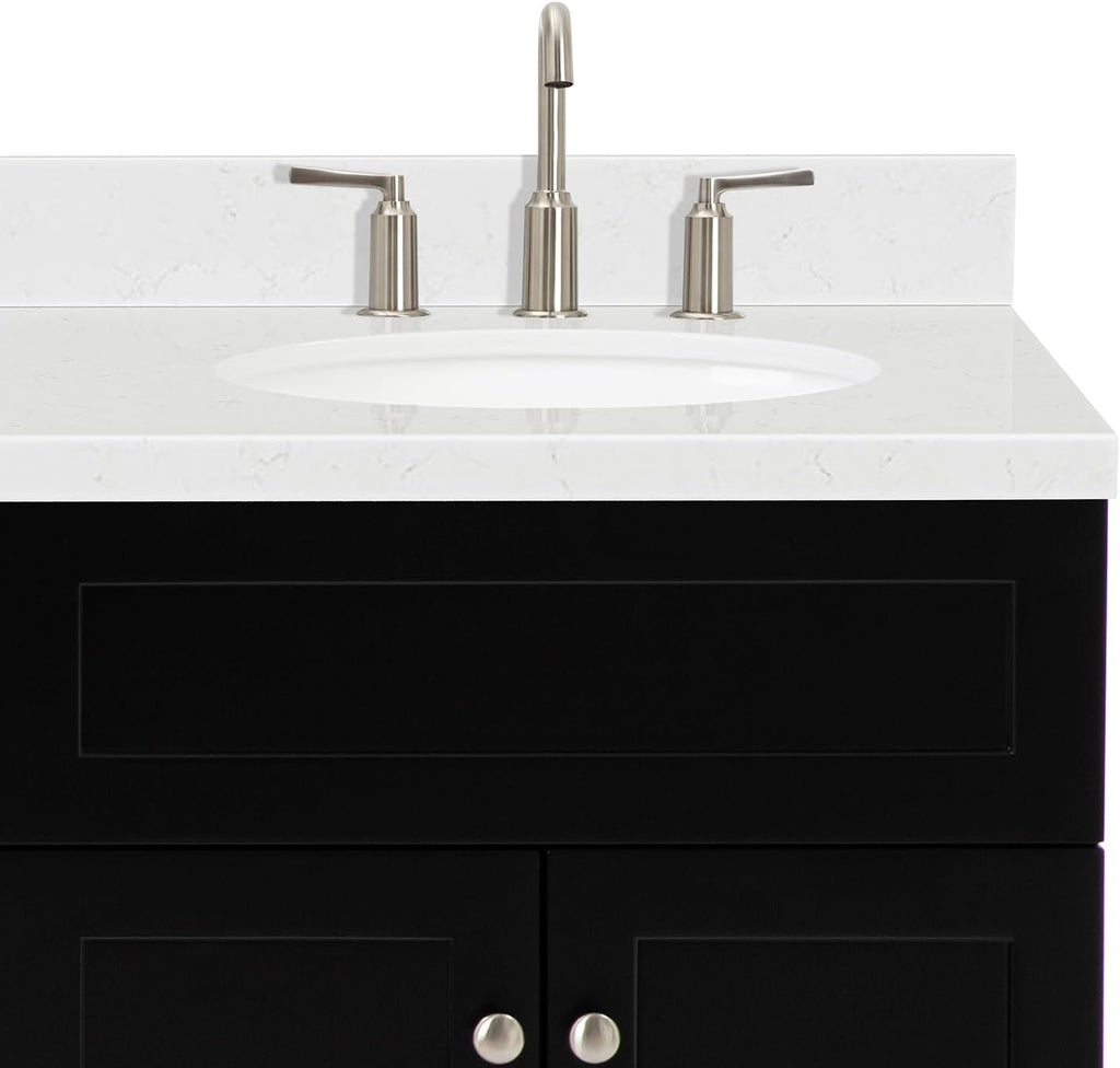 ARIEL Hamlet 66-inch Bathroom Vanity with Sink,Solid Wood, 1.5-inch Carrara White Quartz Countertop & Backsplash, Double Oval Porcelain Sink, 4 Soft Closing Doors, 3 Dovetail Drawers, Black
