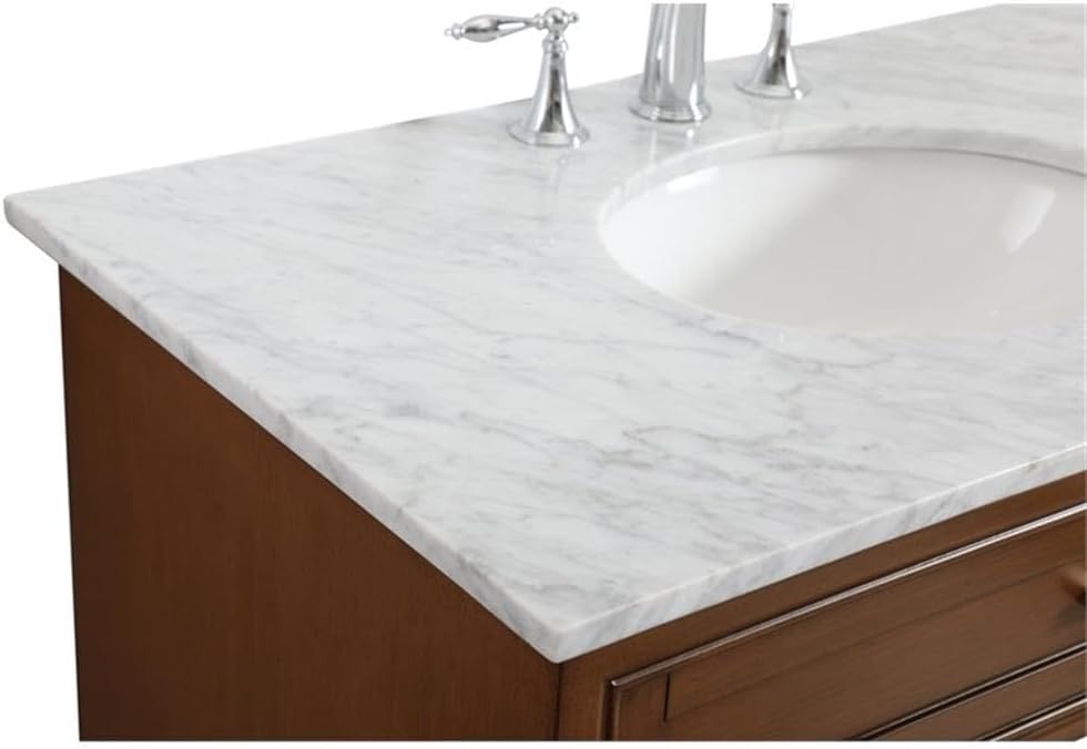 Pemberly Row Contemporary 36' Wood Bathroom Vanity, Brown Teak Finish, Italian Carrara Marble Top, Oval Porcelain Undermount Sink, 3 Drawers, 2 Doors, Freestanding Design for Home or Office Bathrooms