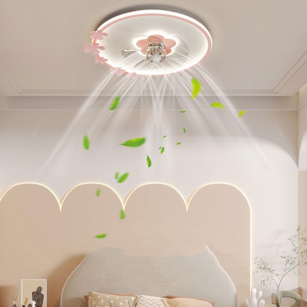 20' Pink Flush Mount Ceiling Fan with Lights Remote Control Girls Ceiling Fan with Lights for Bedroom Flower Shape Timing Dimmable LED Ceiling Fan Light for Kids Room Children Nursery