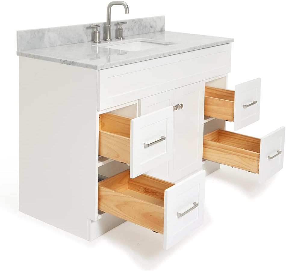 ARIEL Hamlet 48-inch Bathroom Vanity with Sink,Solid Wood, 0.75-inch Italian Carrara Marble Countertop, Single Rectangular Porcelain Sink, Soft Closing Doors, Dovetail Drawers, White