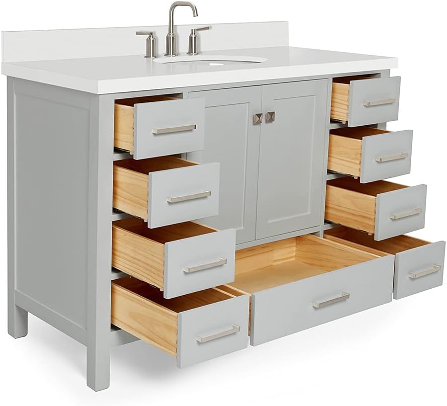 ARIEL Cambridge 48-inch Bathroom Vanity with Sink,Solid Wood, 1.5-inch Pure White Quartz Countertop & Backsplash, Single Oval Porcelain Sink, 2 Soft Closing Doors, 9 Dovetail Drawers, Grey