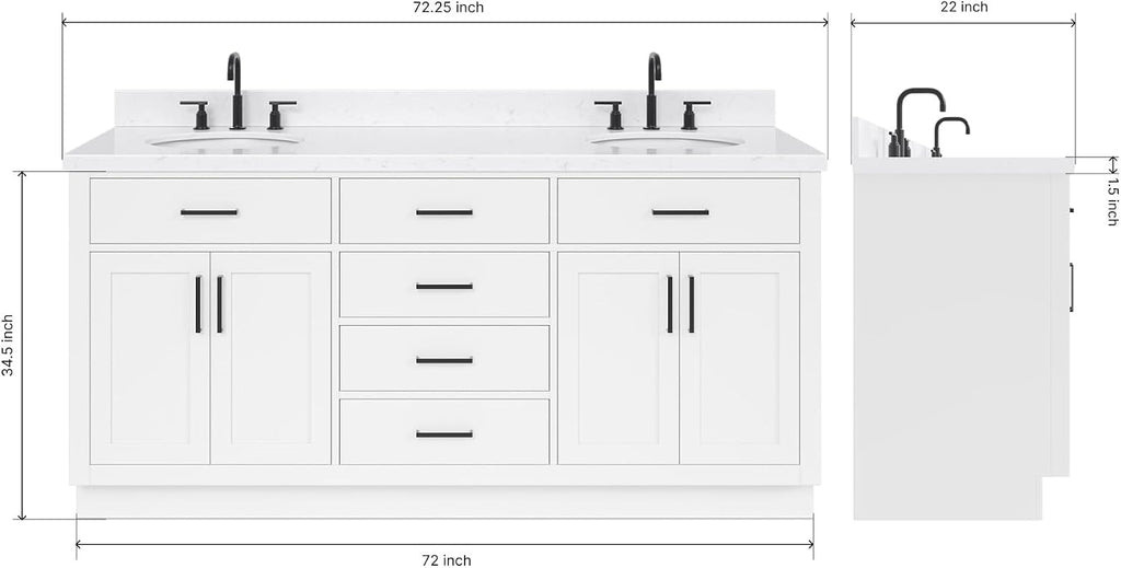 ARIEL Hepburn 72-inch Bathroom Vanity with Sink,Solid Wood, 1.5-inch Carrara White Quartz Countertop & Backsplash, Double Oval Porcelain Sink, 4 Soft Closing Doors, 6 Dovetail Drawers, White