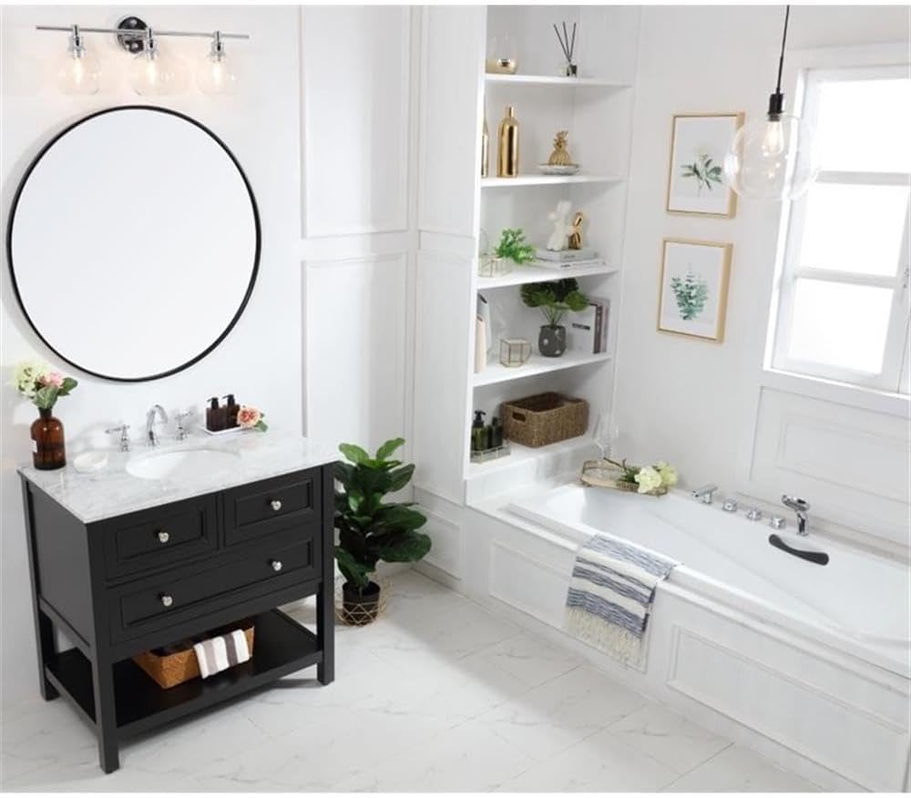 Pemberly Row Contemporary 36' Bathroom Vanity, Solid Poplar Wood Base, Carrara White Marble Top, Hand-Painted Black Finish, Porcelain Undermount Sink, Soft-Close Drawer, Storage Shelf, Free-Standing