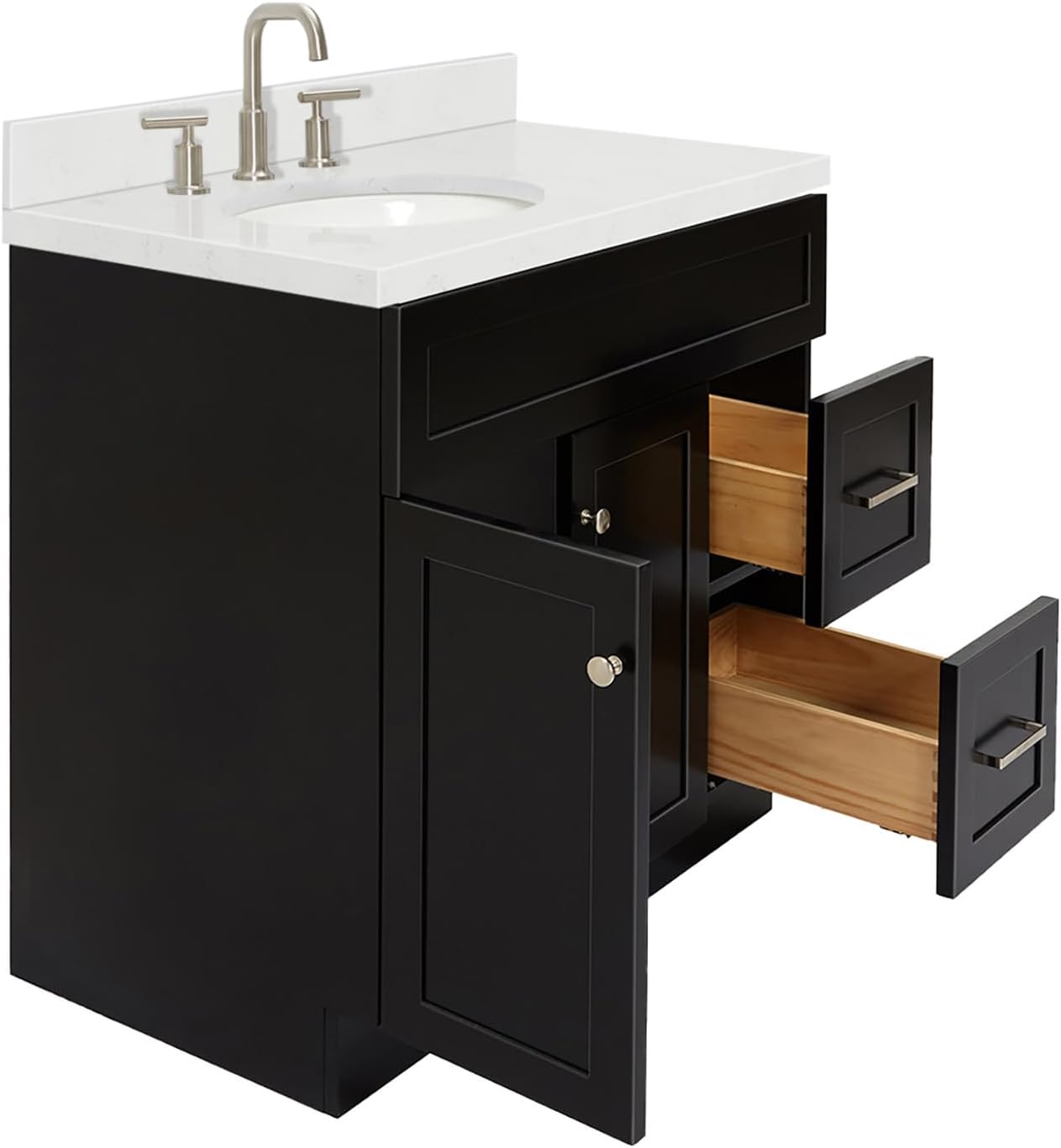ARIEL Hamlet 36-inch Bathroom Vanity with Sink,Solid Wood, 1.5-inch Carrara White Quartz Countertop & Backsplash, Single Oval Porcelain Sink, 2 Soft Closing Doors, 2 Dovetail Drawers, Black