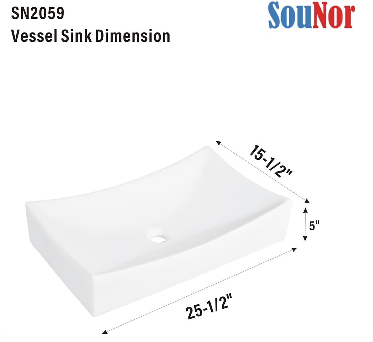 SouNor Rectangle Bathroom Vessel Sink Above Counter Square Bowl Countertop 25'x15' Inches Modern Contemporary Porcelain Big Large Ceramic Wash Lavatory Basin Rectangular Sinks White,25' (Large)