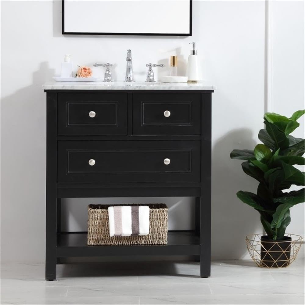 Pemberly Row 30' Single Bathroom Vanity, Marble Top, Black Finish, Solid Poplar Wood Base, White Porcelain Undermount Sink, Soft Close Drawer, Open Shelf, Contemporary Design for Modern Bathrooms