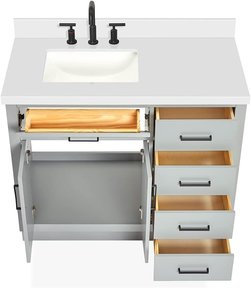 ARIEL 42-Inch Gray Single Bathroom Vanity with 1.5' Edge Pure White Quartz Countertop, Rectangular Undermount Sink, Solid Wood Frame, 2 Soft Closing Doors, 9 Dovetail Drawers, Toe Kick