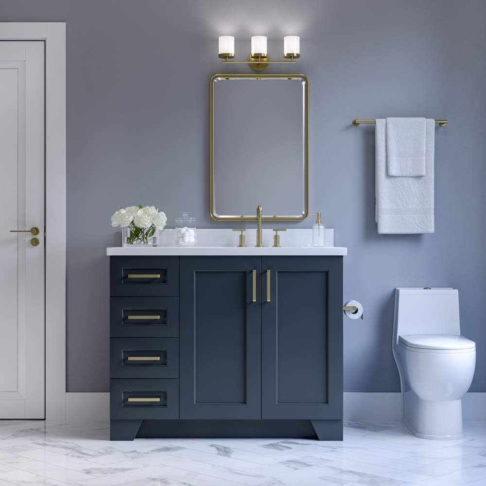 ARIEL Taylor 42-inch Bathroom Vanity with Sink,Solid Wood, 1.5-inch Pure White Quartz Countertop & Backsplash, Single Rectangular Sink, 2 Soft Closing Doors, 5 Dovetail Drawers, Midnight Blue