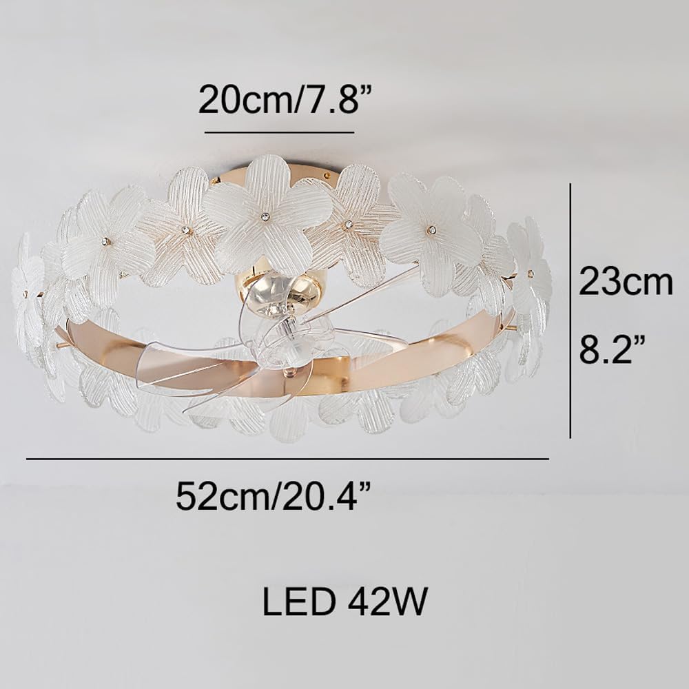 Glass Flower Ceiling Fan with Lights Remote Control 360° Rotating Ceiling Fan Light Invisible Reversible Blades Dimmable LED Fan Lamp for Girls Bedroom Kids Room Children Kitchen