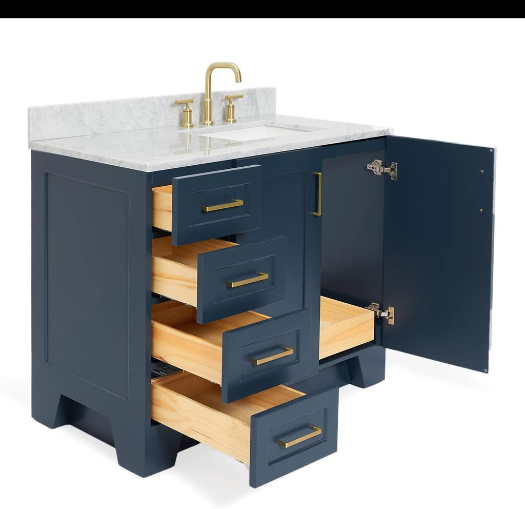 ARIEL Taylor 42-inch Bathroom Vanity with Sink,Solid Wood, 0.75-inch Italian Carrara Marble Countertop, Single Rectangular Porcelain Sink, 2 Soft Closing Doors, 5 Dovetail Drawers, Midnight Blue