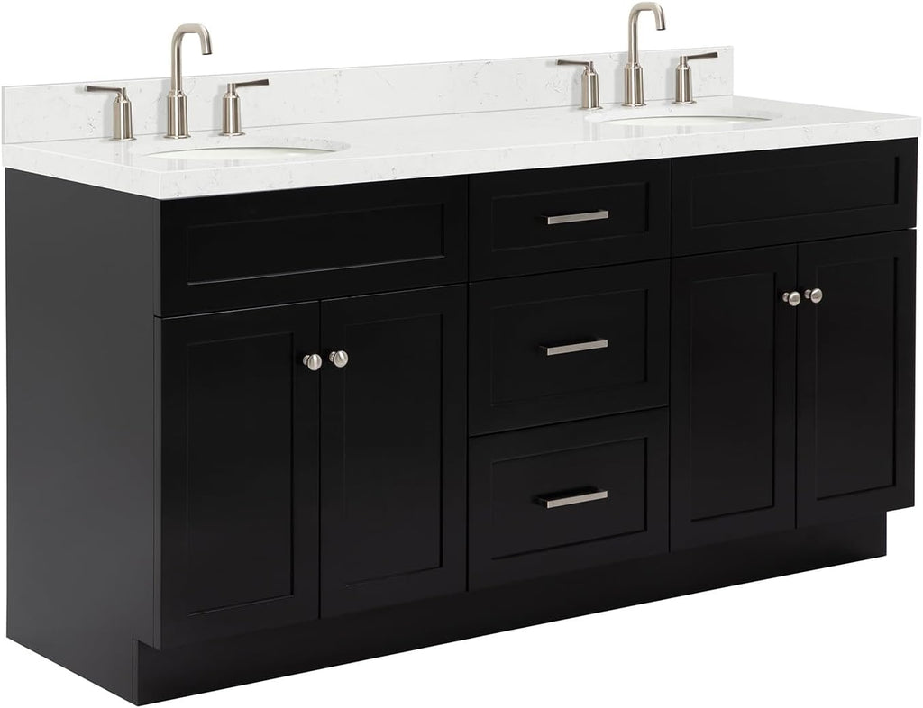 ARIEL Hamlet 66-inch Bathroom Vanity with Sink,Solid Wood, 1.5-inch Carrara White Quartz Countertop & Backsplash, Double Oval Porcelain Sink, 4 Soft Closing Doors, 3 Dovetail Drawers, Black