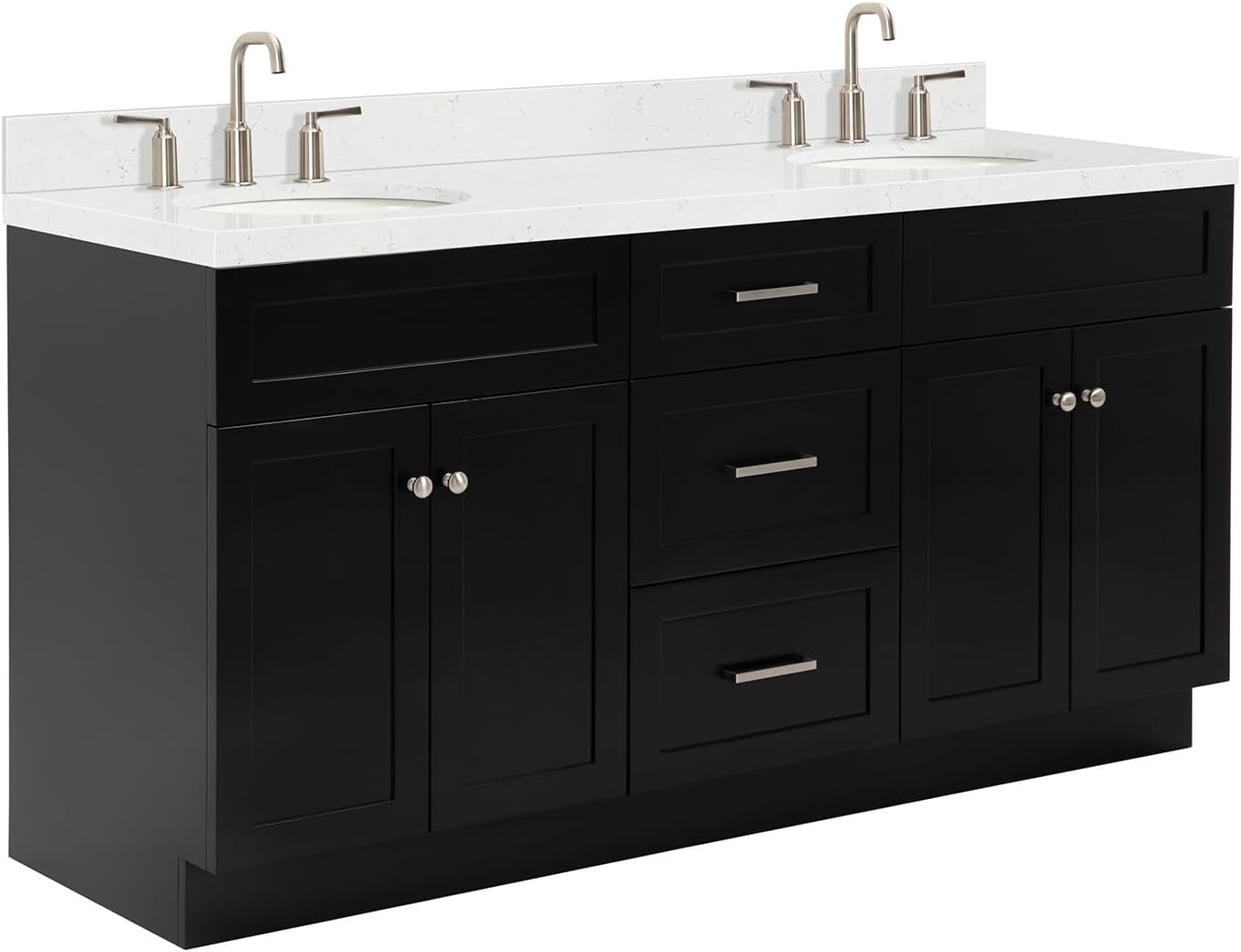 ARIEL Hamlet 66-inch Bathroom Vanity with Sink,Solid Wood, 1.5-inch Carrara White Quartz Countertop & Backsplash, Double Oval Porcelain Sink, 4 Soft Closing Doors, 3 Dovetail Drawers, Black