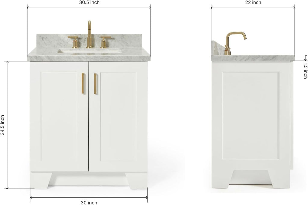 ARIEL Taylor 30-inch Bathroom Vanity with Sink,Solid Wood, 1.5-inch Italian Carrara Marble Countertop, Single Rectangular Porcelain Sink, 2 Soft Closing Doors, 1 Dovetail Drawers, White