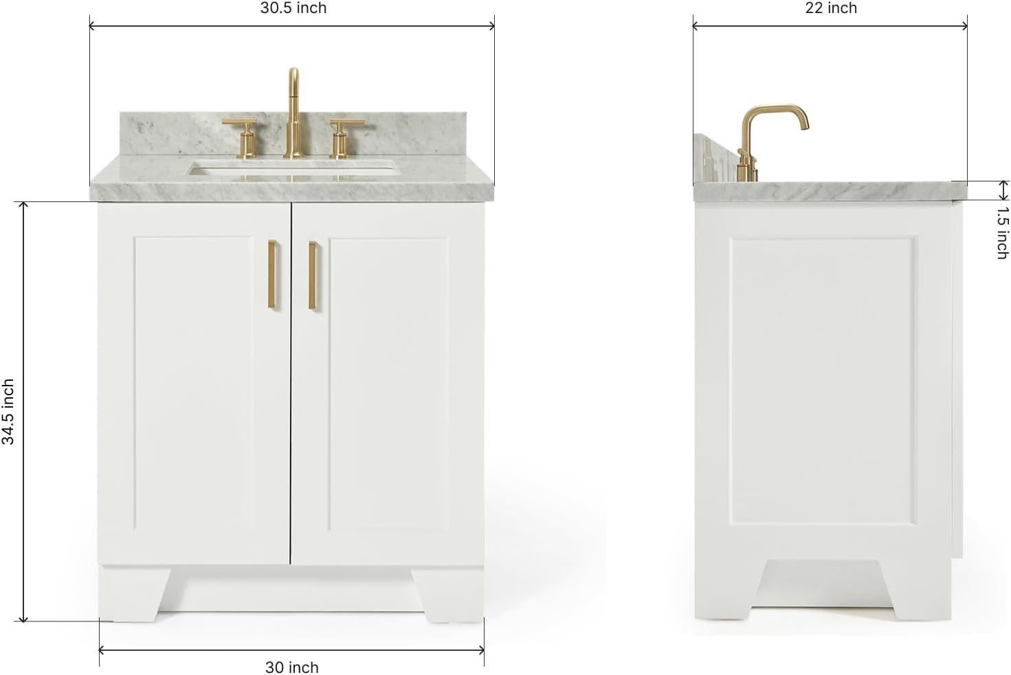 ARIEL Taylor 30-inch Bathroom Vanity with Sink,Solid Wood, 1.5-inch Italian Carrara Marble Countertop, Single Rectangular Porcelain Sink, 2 Soft Closing Doors, 1 Dovetail Drawers, White