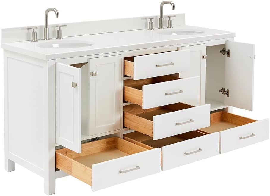 DKB Beckford 66-Inch White Double Bathroom Vanity with 1.5-Inch Pure White Quartz Countertop & Backsplash, Oval Sinks, 4 Soft Closing Doors, 6 Full Extension Dovetail Drawers, Brushed Nickel