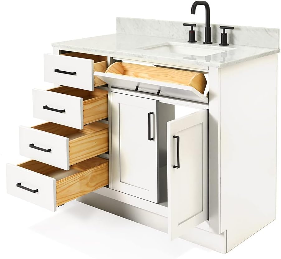 ARIEL Hepburn 43' Inch Right Offset Rectangle Sink Vanity with 0.75 Inch Edge Carrara White Countertop in White