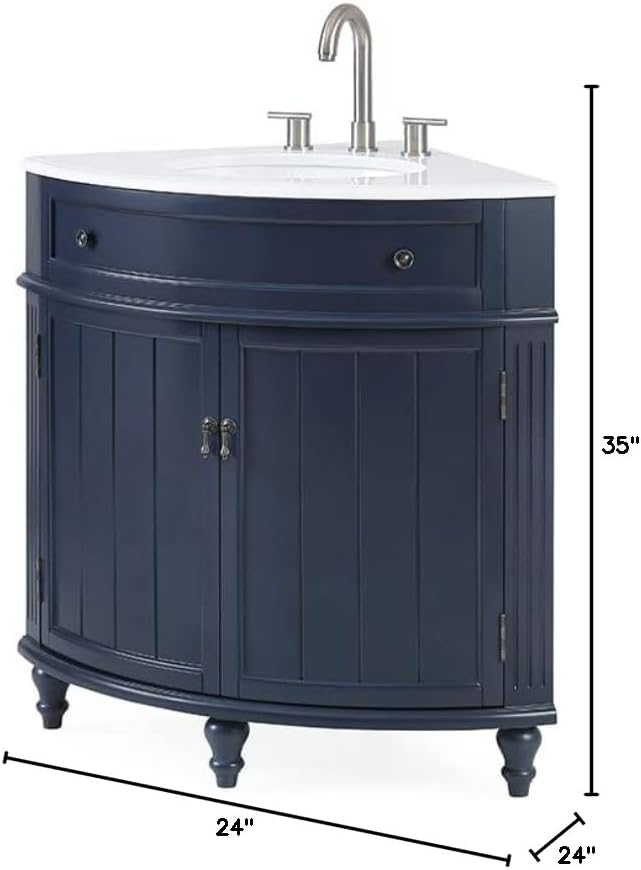 24 inch Triadsville Small Corner Bathroom Vanity with Sink and White Quartz top (Navy Blue)