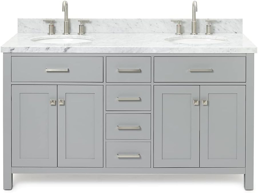 ARIEL Bristol 60-inch Bathroom Vanity with Sink,Solid Wood, 1.5-inch Italian Carrara Marble Countertop, Double Oval Porcelain Sink, Soft Closing Doors, Dovetail Drawers, Grey