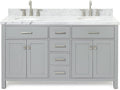 ARIEL Bristol 60-inch Bathroom Vanity with Sink,Solid Wood, 1.5-inch Italian Carrara Marble Countertop, Double Oval Porcelain Sink, Soft Closing Doors, Dovetail Drawers, Grey
