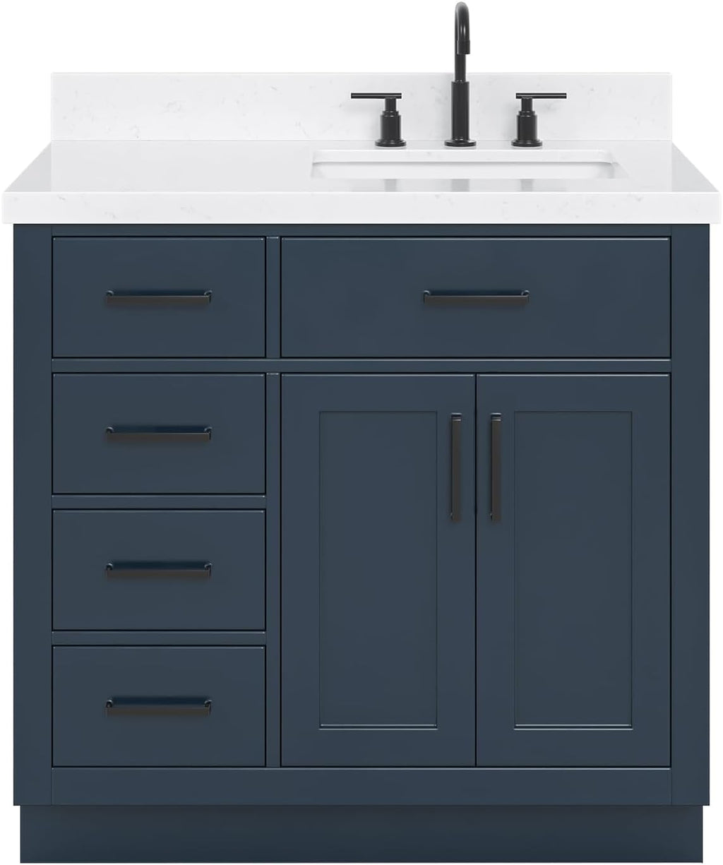 ARIEL Hepburn 36-inch Bathroom Vanity with Sink,Solid Wood, 1.5-inch Carrara White Quartz Countertop, Single Rectangular Porcelain Sink, 2 Soft Closing Doors, 5 Dovetail Drawers, Midnight Blue