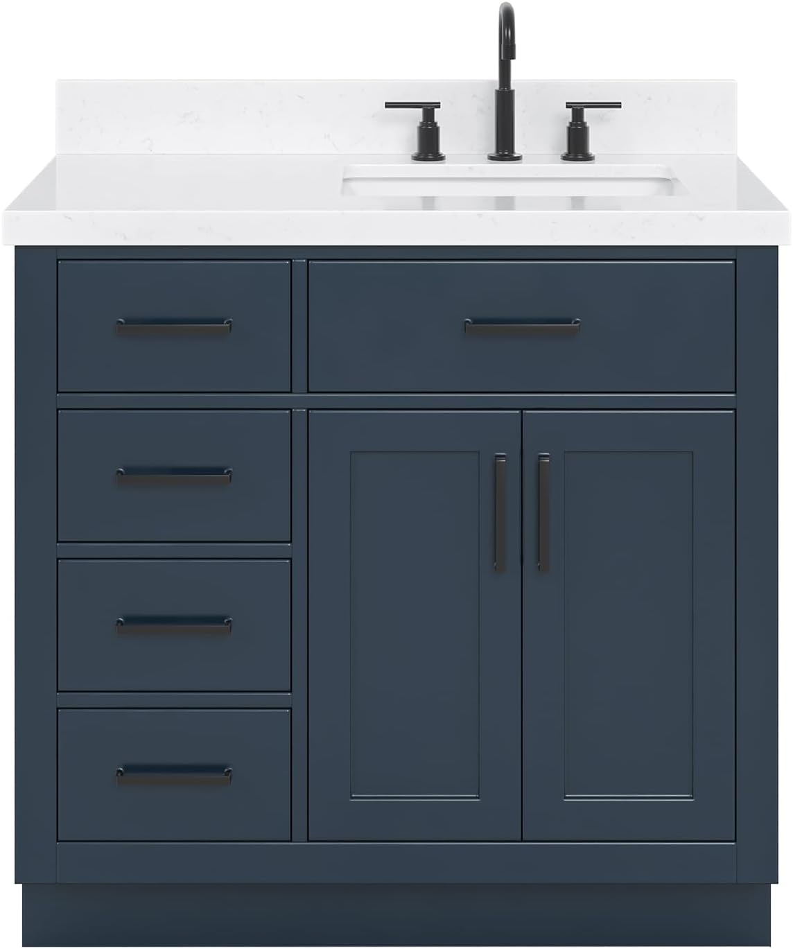 ARIEL Hepburn 36-inch Bathroom Vanity with Sink,Solid Wood, 1.5-inch Carrara White Quartz Countertop, Single Rectangular Porcelain Sink, 2 Soft Closing Doors, 5 Dovetail Drawers, Midnight Blue