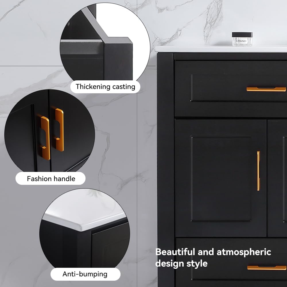 48' Bathroom Vanity with Sink, Modern Freestanding Single Sink Vanity Cabinet with Gold Handles, 2 Drawers & 4 Soft-Close Doors, Solid Wood Frame Bathroom Storage Cabinet with Ceramic Top, Black