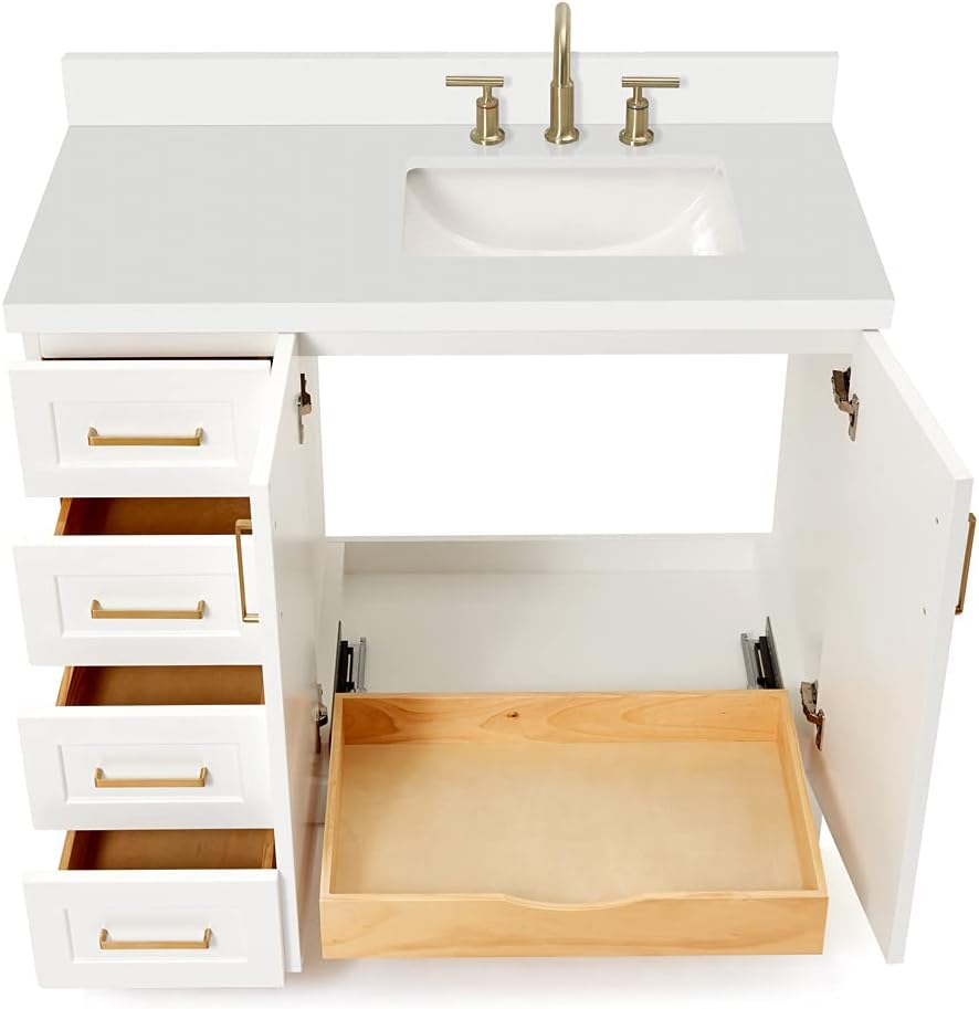 ARIEL Taylor 42-inch Bathroom Vanity with Sink,Solid Wood, 1.5-inch Pure White Quartz Countertop, Single Rectangular Porcelain Sink, Soft Closing Doors, Dovetail Drawers, White