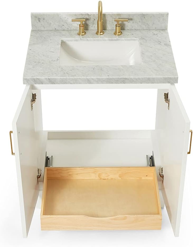ARIEL Taylor 30-inch Bathroom Vanity with Sink,Solid Wood, 1.5-inch Italian Carrara Marble Countertop, Single Rectangular Porcelain Sink, 2 Soft Closing Doors, 1 Dovetail Drawers, White