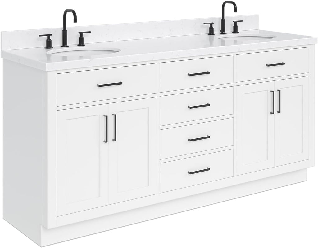 ARIEL Hepburn 72-inch Bathroom Vanity with Sink,Solid Wood, 1.5-inch Carrara White Quartz Countertop & Backsplash, Double Oval Porcelain Sink, 4 Soft Closing Doors, 6 Dovetail Drawers, White