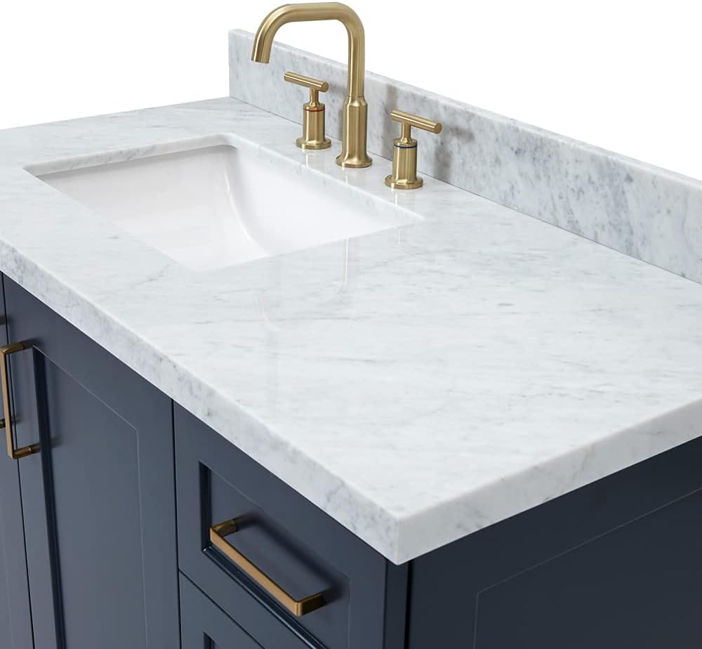 ARIEL Taylor 42-inch Bathroom Vanity with Sink,Solid Wood, 1.5-inch Italian Carrara Marble Countertop, Single Rectangular Porcelain Sink, 2 Soft Closing Doors, 5 Dovetail Drawers, Midnight Blue