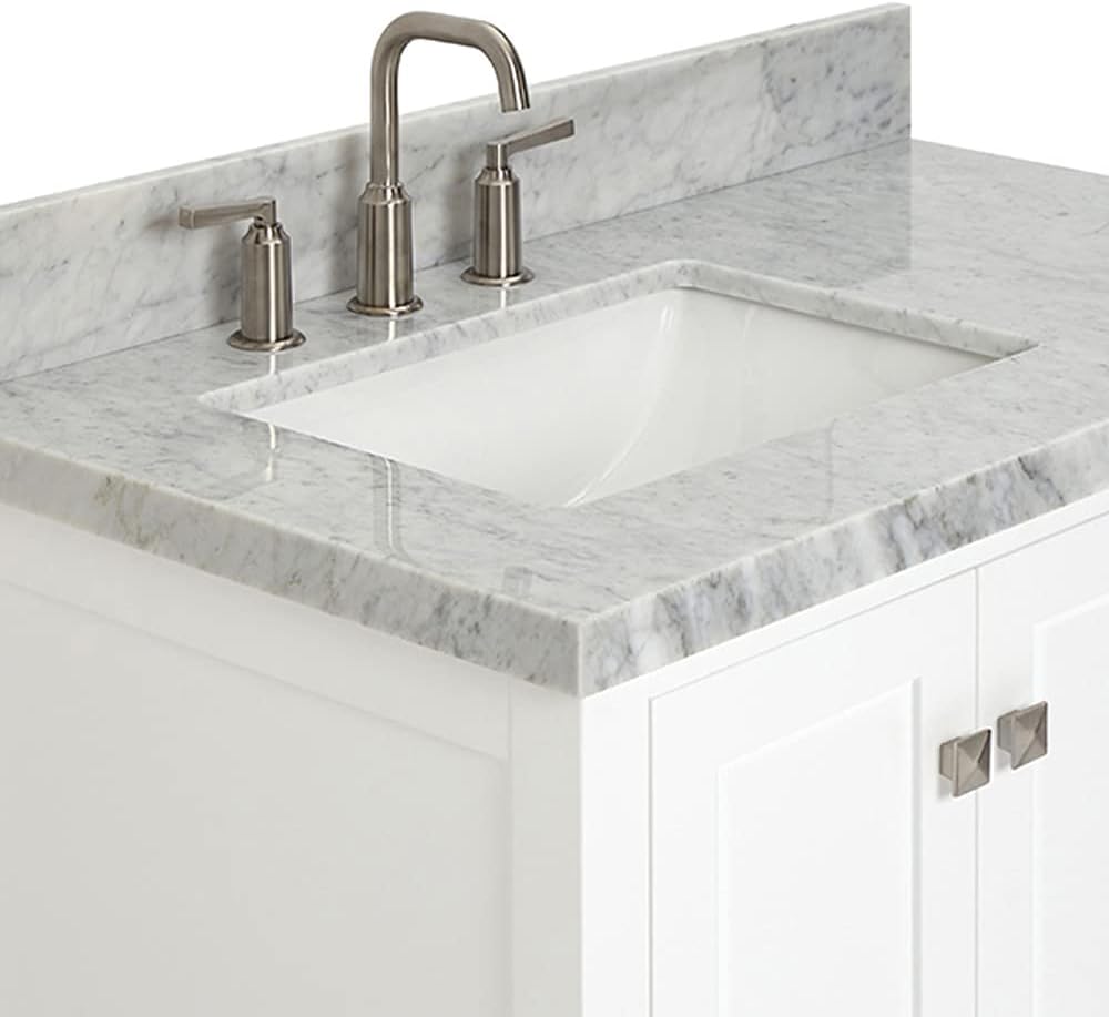 ARIEL Cambridge 36-inch Bathroom Vanity with Sink,Solid Wood, 1.5-inch Italian Carrara Marble Countertop, Single Rectangular Porcelain Sink, 2 Soft Closing Doors, 5 Dovetail Drawers, White