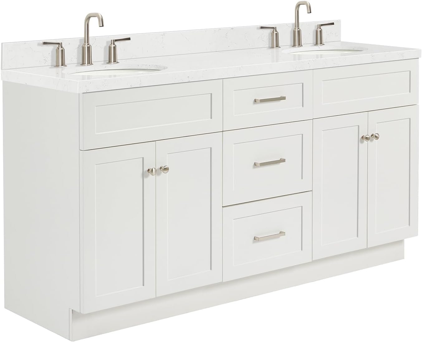 ARIEL Hamlet 66-inch Bathroom Vanity with Sink,Solid Wood, 1.5-inch Carrara White Quartz Countertop & Backsplash, Double Oval Porcelain Sink, 4 Soft Closing Doors, 3 Dovetail Drawers, White