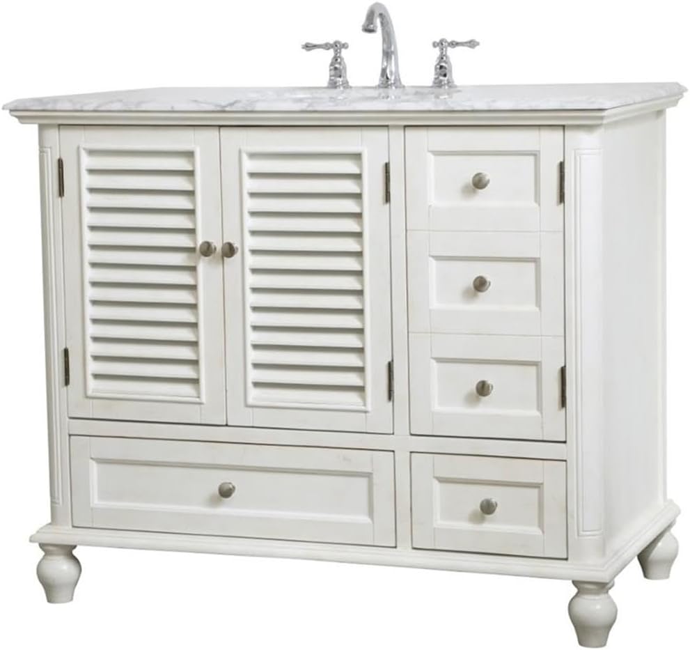 Pemberly Row 42' Single Bathroom Vanity, Antique White Finish, Solid Wood and MDF Base, Carrara White Marble Top, Porcelain Undermount Sink, 2 Drawers and 3 Doors, Freestanding for Bathroom Use