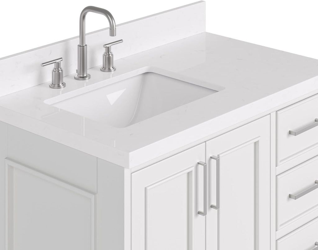 ARIEL Stafford 36-inch Bathroom Vanity with Sink,Solid Wood, 1.5-inch Carrara White Quartz Countertop, Single Rectangular Porcelain Sink, 2 Soft Closing Doors, 5 Dovetail Drawers, White