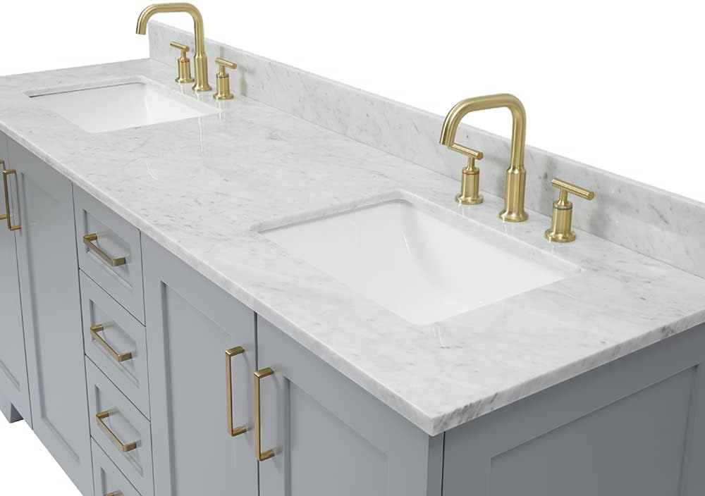 ARIEL 73' Grey Double Bathroom Vanity Italian Carrara Marble Countertop & Splash, Rectangular Sink, 4 Soft Closing Doors, 6 Full Extension Dovetail Drawers, Satin Brass
