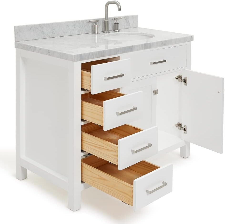 DKB Alenza 42-Inch White Bathroom Vanity with Sink, 1.5-Inch Italian Carrara Marble Countertop, Right Oval Undermount Sink, 2 Soft Closing Doors, 4 Dovetail Drawers, Polished Chrome