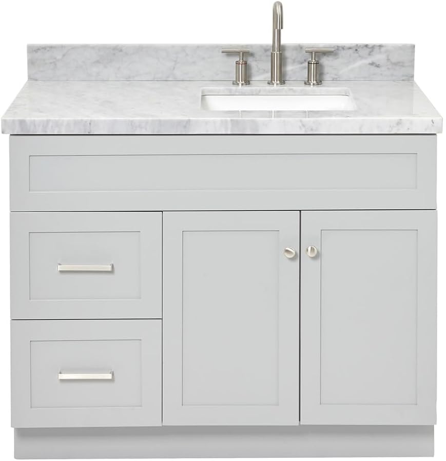 ARIEL 36' Black Bathroom Vanity with Sink, 1.5' Italian Carrara Marble Countertop, Rectangular Undermount Sink, 2 Soft Closing Doors, 2 Dovetail Drawers, Brushed Nickel