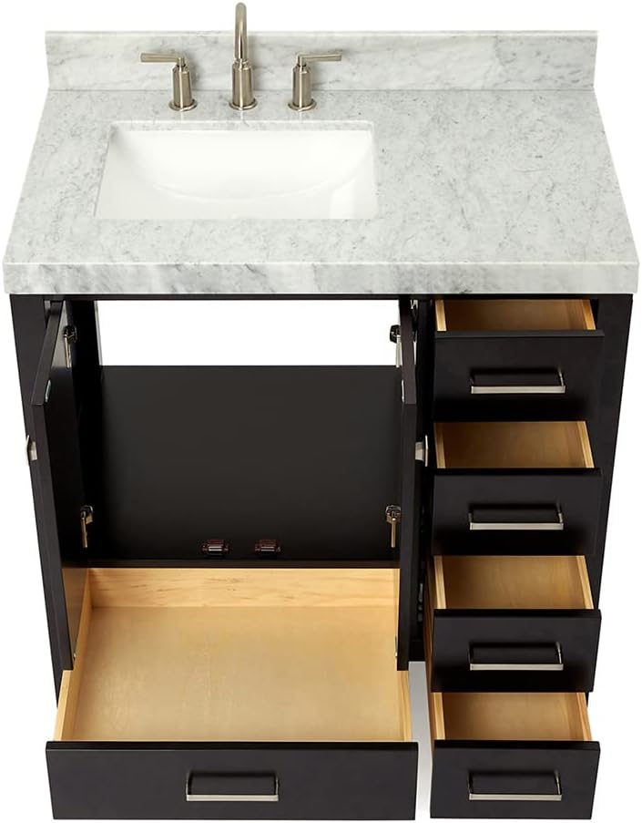 ARIEL Cambridge 36-inch Bathroom Vanity with Sink,Solid Wood, 2-inch Italian Carrara Marble Countertop, Single Rectangular Porcelain Sink, 2 Soft Closing Doors, 5 Dovetail Drawers, Espresso