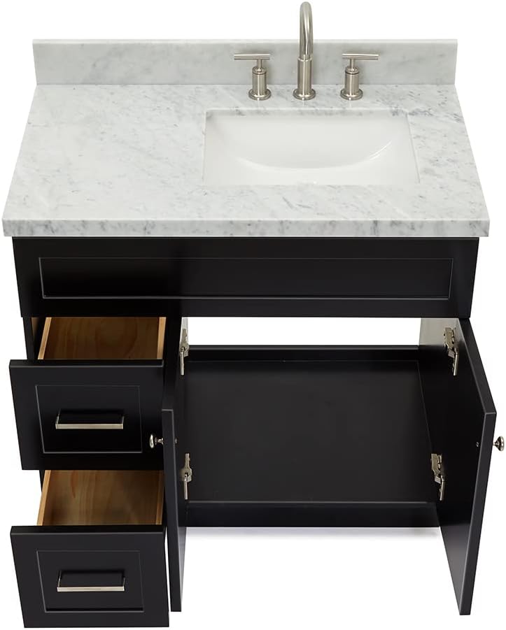 ARIEL Hamlet 36-inch Bathroom Vanity with Sink,Solid Wood, 1.5-inch Italian Carrara Marble Countertop, Single Rectangular Porcelain Sink, 2 Soft Closing Doors, 2 Dovetail Drawers, Black