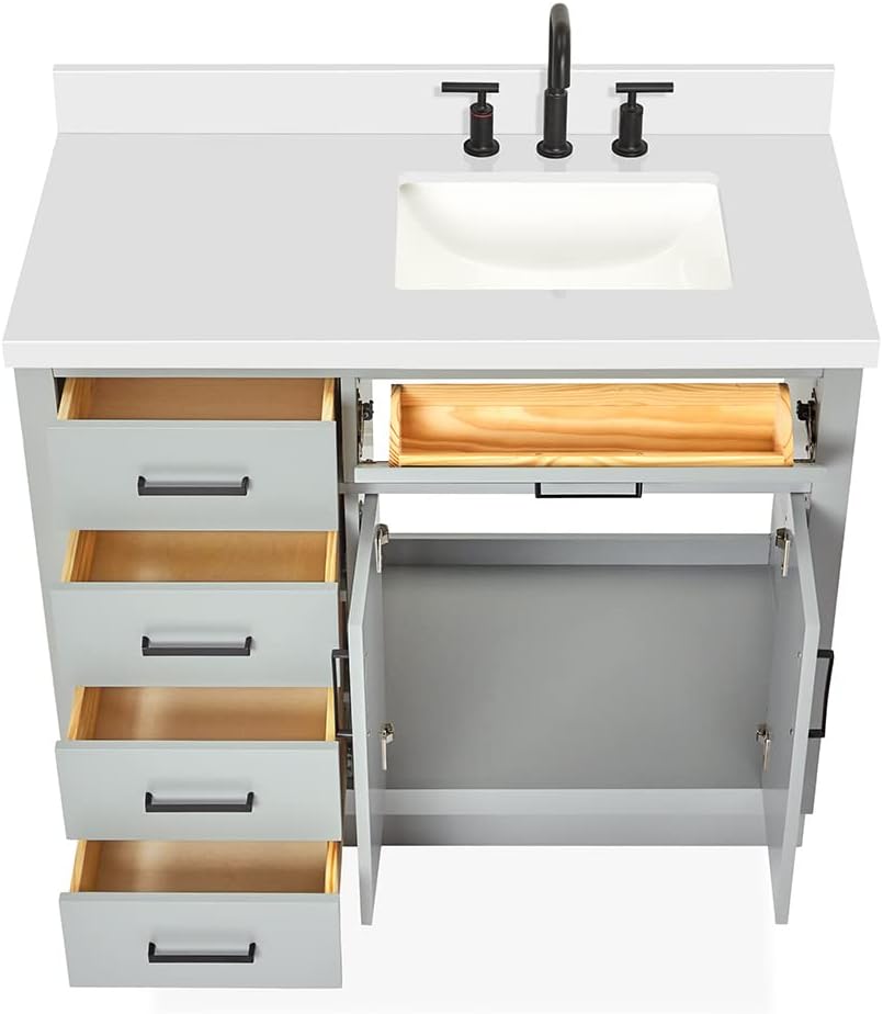 DKB Isabella 42-Inch Gray Single Bathroom Vanity with Sink, 1.5' Pure White Quartz Countertop, Right Rectangular Undermount Sink, Solid Wood Frame, 2 Soft-Close Doors, 5 Dovetail Drawers, Toe Kick