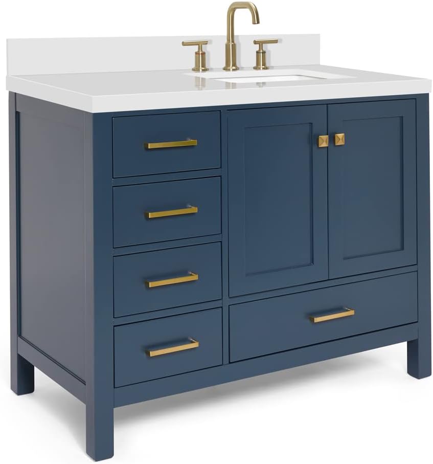 ARIEL Cambridge 42-inch Bathroom Vanity with Sink,Solid Wood, 1.5-inch Pure White Quartz Countertop, Single Rectangular Porcelain Sink, 2 Soft Closing Doors, 5 Dovetail Drawers, Midnight Blue